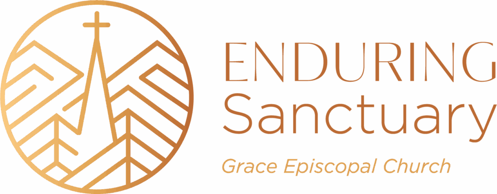 A circular logo with a church steeple, trees, and mountains beside the text Enduring Sanctuary and Grace Episcopal Church in gold and brown tones.
