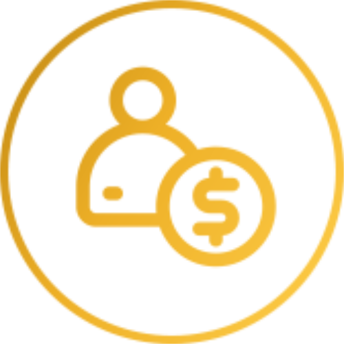 A gold circular icon featuring a person’s silhouette next to a dollar sign, symbolizing finance, salary, or personal income.