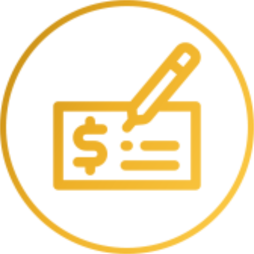 A gold icon of a check being written, featuring a dollar sign on the left and a pen above the check, all enclosed within a circular border.