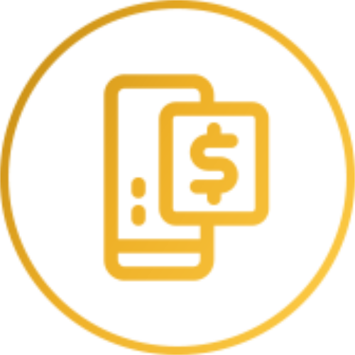 A gold outline icon of a smartphone with a dollar sign on a square overlay, all enclosed within a gold circle, representing mobile payments or digital financial transactions.