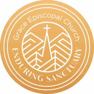 A gold circular logo with “Grace Episcopal Church” at the top and “Enduring Sanctuary” at the bottom, featuring a steeple with a cross, mountains, and trees in the center.