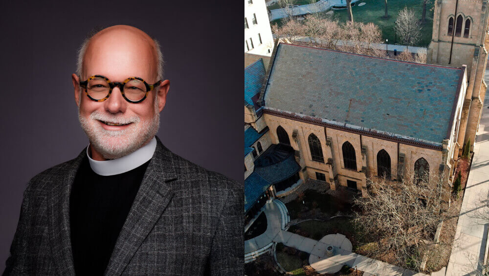 A smiling elderly man with glasses and a clerical collar is on the left; on the right is an aerial view of a large stone church building surrounded by trees and paths.