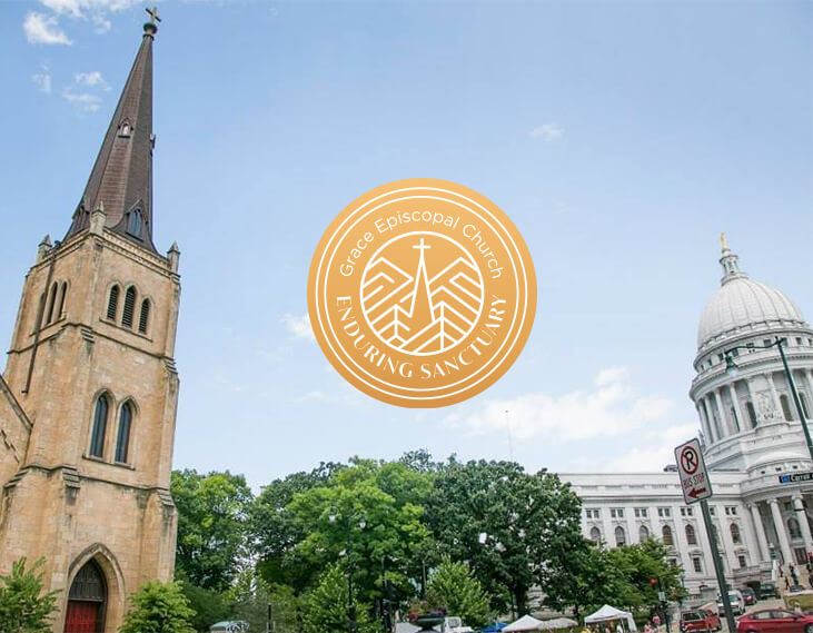 A tall church with a steeple stands on the left, while a domed government building is on the right. Trees and a few tents are below. A circular Enduring Sanctuary Grace Episcopal Church logo is centered.