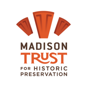 Logo for Madison Trust for Historic Preservation, featuring three stylized orange architectural shapes above the organizations name in bold brown and orange text.